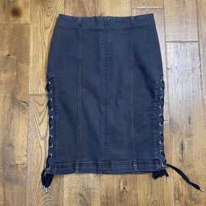 Free People Womens Denim Pencil Skirt Size 4 Side Tie Lace Up Stretch Black